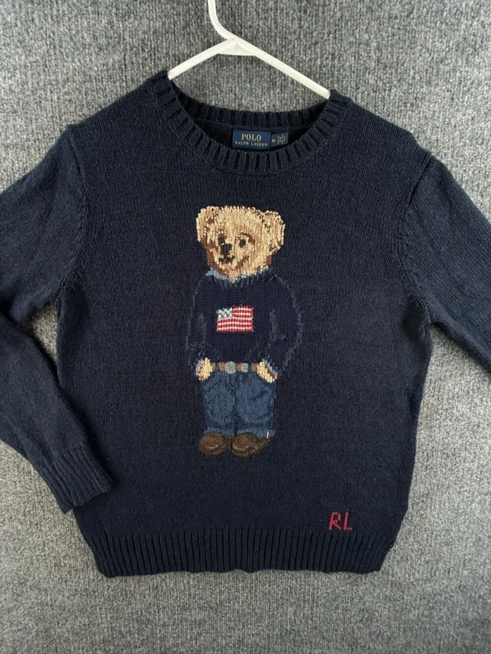 Polo Ralph Lauren Bear Sweater Linen Cotton Blend Navy Blue Medium Men Medium